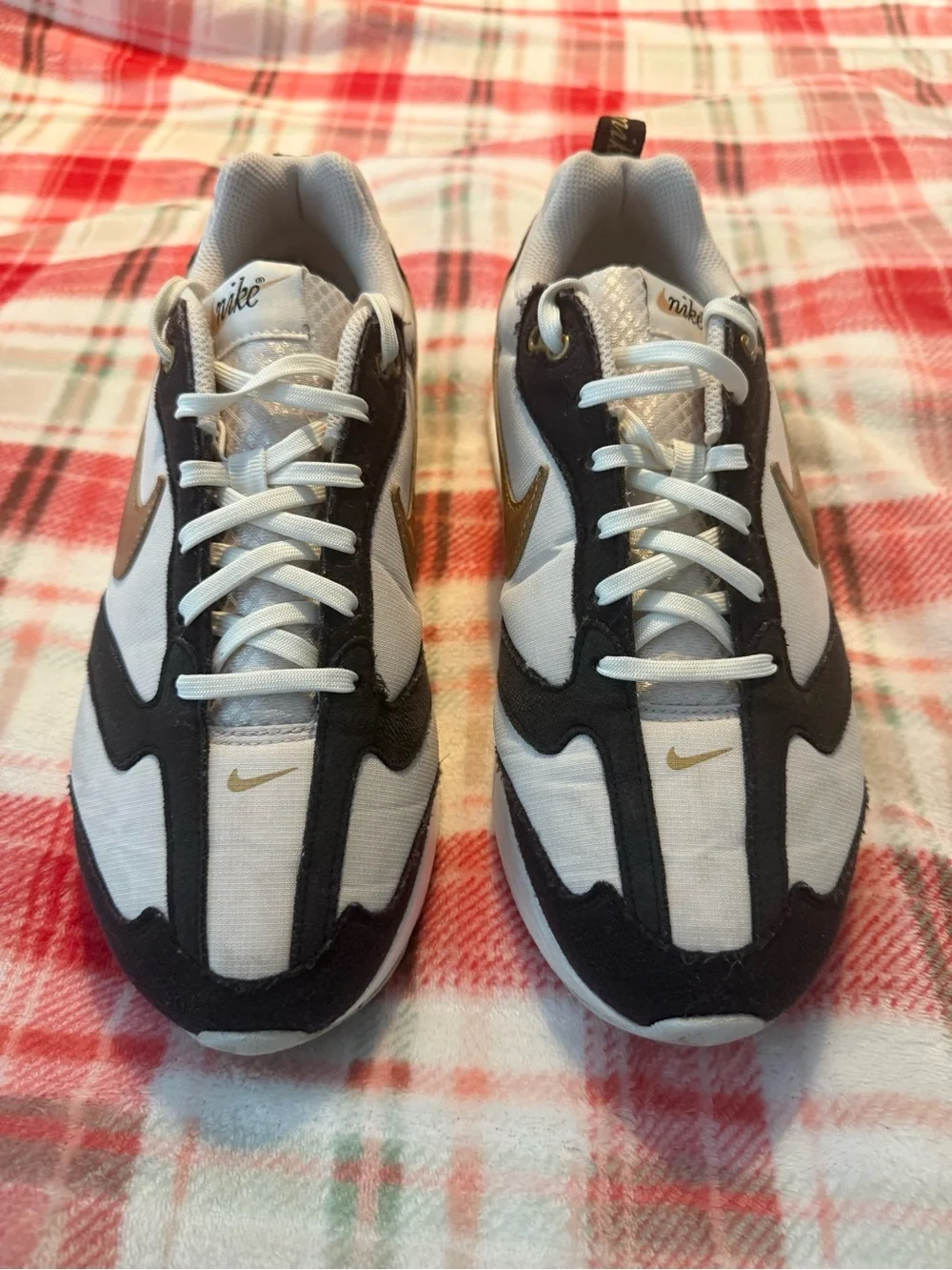 Nike Women’s Air Max Dawn White and Gold Athletic Sneakers with Black Accents
